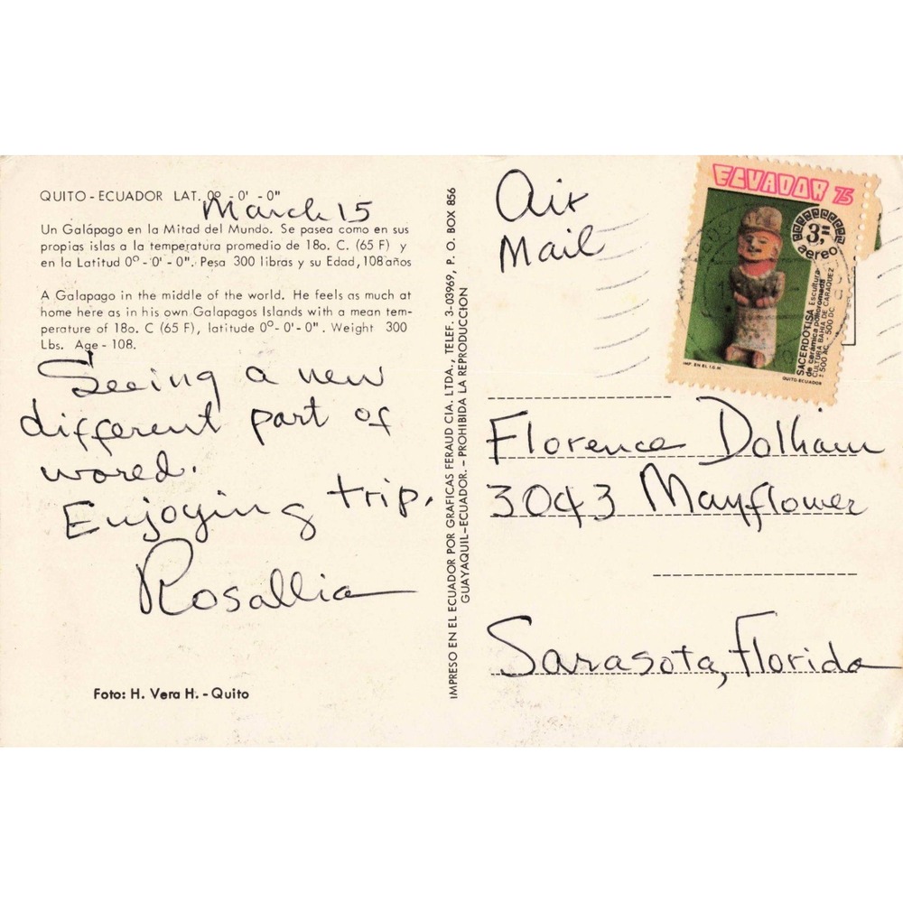Vintage Quito Ecuador Postcard Galapagos Tortoise Mitad del Mundo Monument VG - Picture 2 of 2